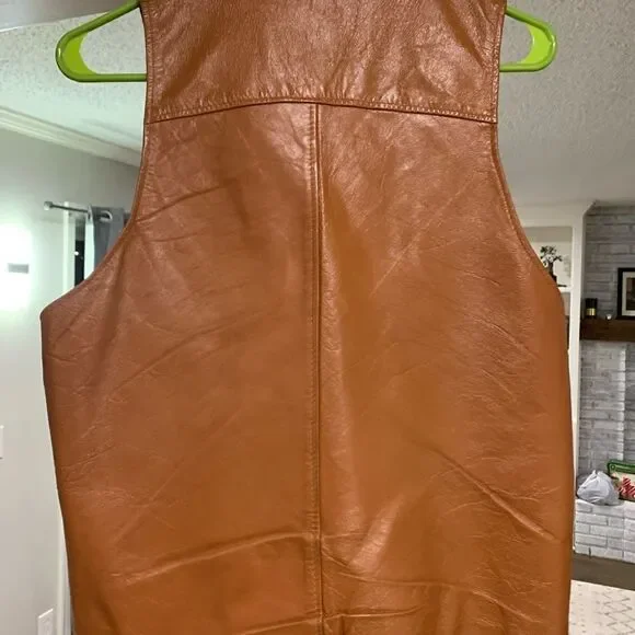 Vtg Schott NYC Caramel Brown Leather Button Up Vest Sz Med Made in USA